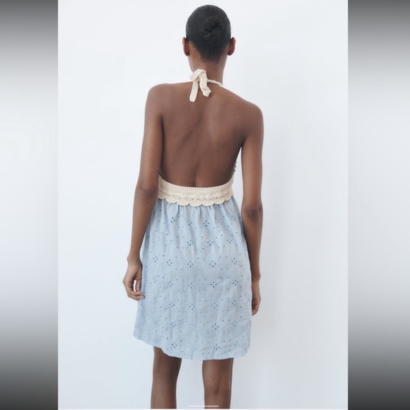 Zara Combination Embroidered Dress Cream & Blue NWT - Picture 2 of 7